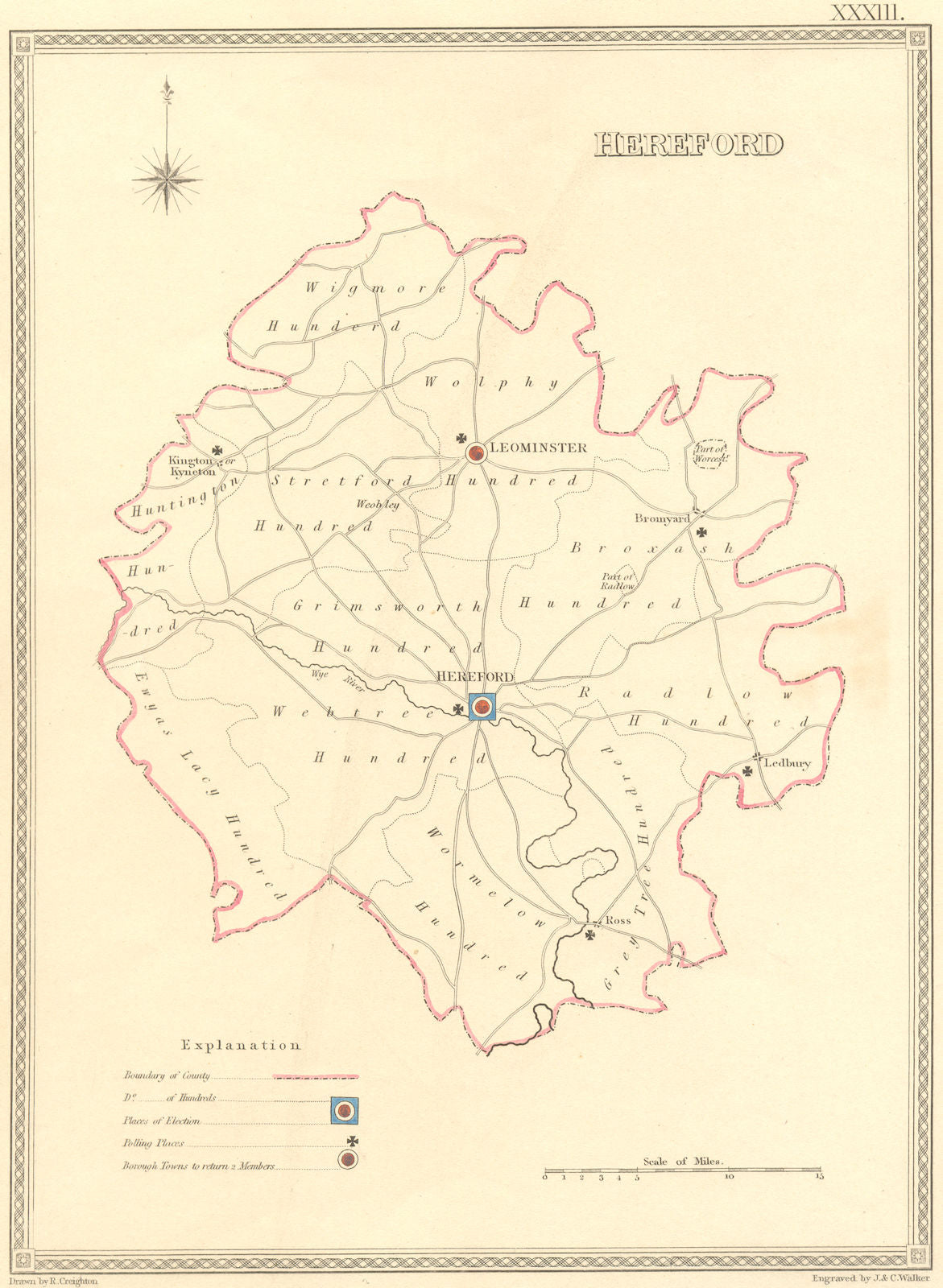 HEREFORD. Creighton Walker 1835 old antique vintage map plan chart